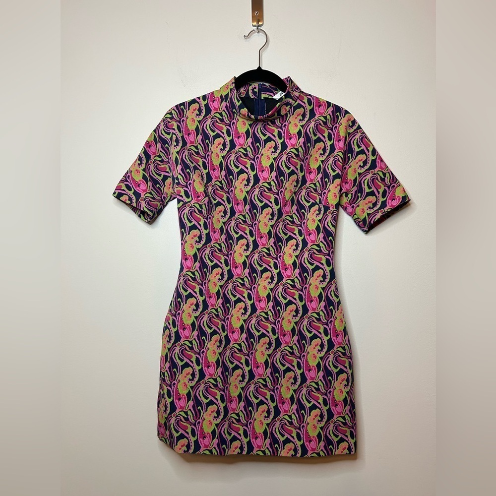 Zara Black Dress with Pink and Lime Green Paisley Print Disco Dress Size Small